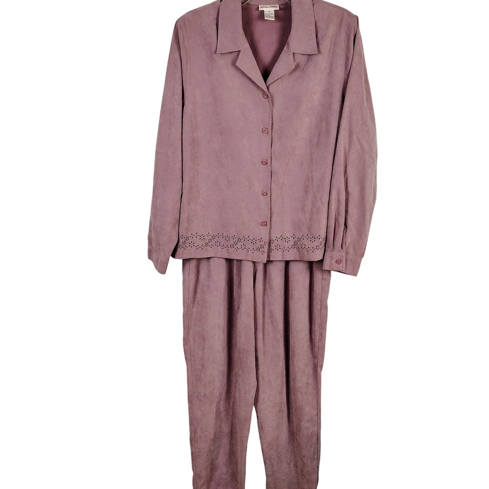 Alfred Dunner Womens SZ 16 Two Piece Set Mauve Faux Suede Eyelet Grandma Core